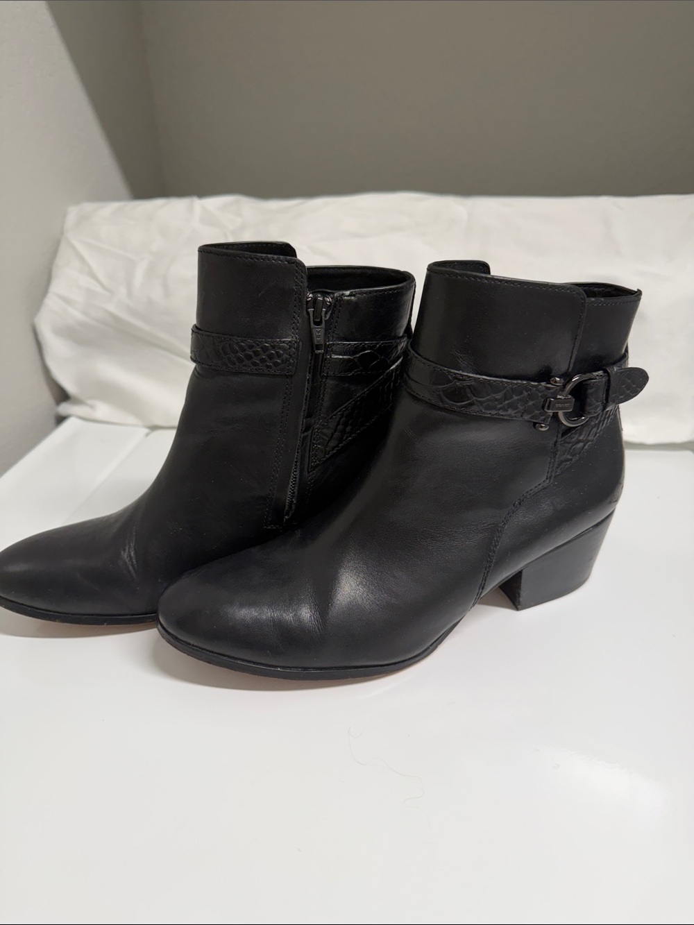 Coach Black Leather Ankle Booties with Buckle Strap